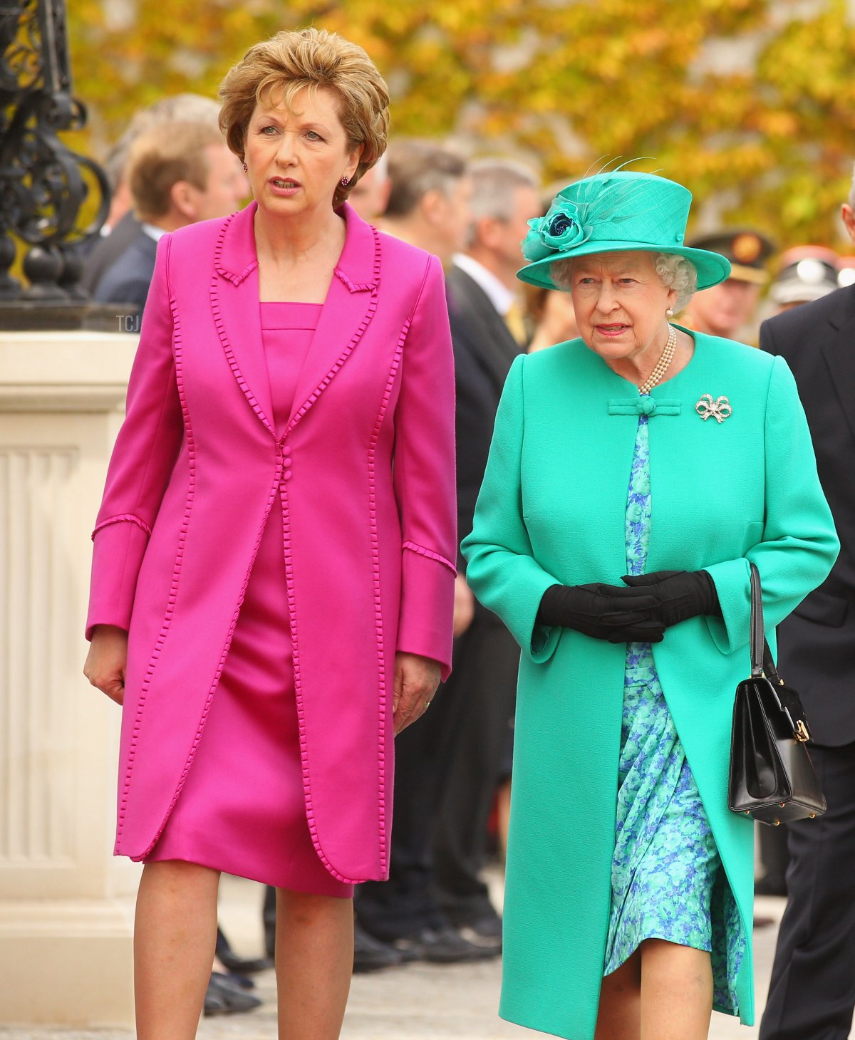 Queen Elizabeth II (R) is greeted by Irish President Mary McAleese at the Aras an Uachtarain, the official residence of the President of Ireland, on May 17, 2011 in Dublin, Ireland. The Duke and Queen's visit is the first by a monarch since 1911