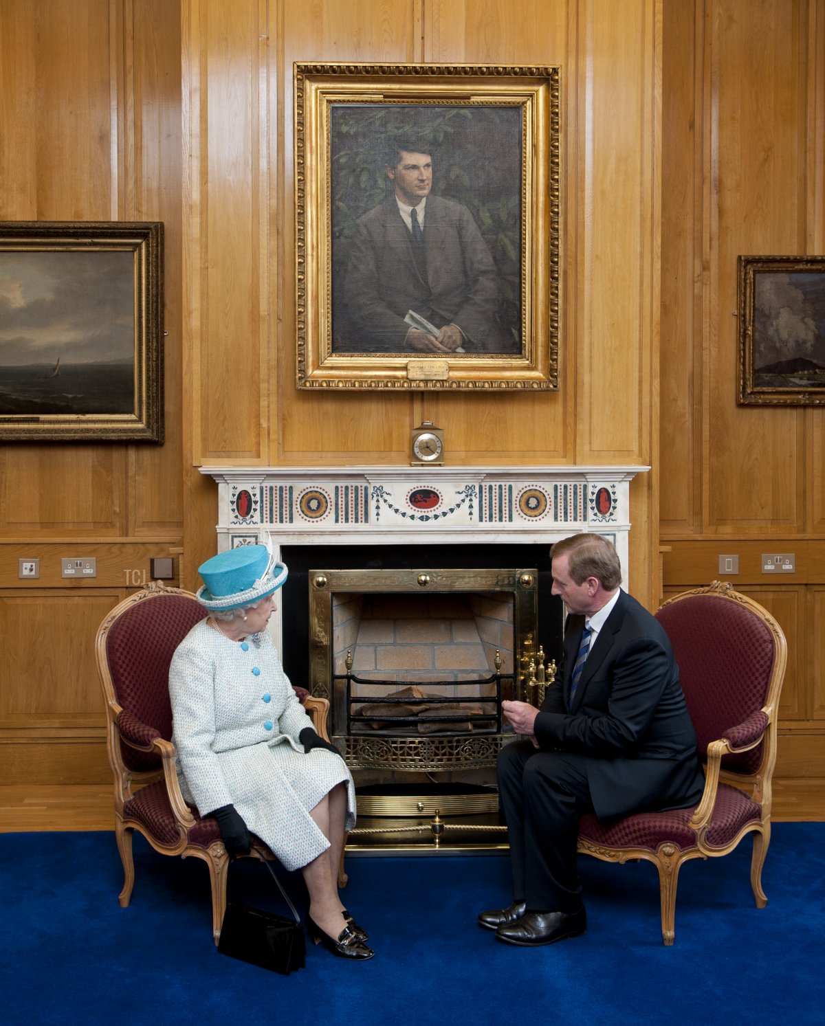Queen Elizabeth II (L) and Taoiseach of Ireland Enda Kenny talk during a visit to Government Buildings on Merrion Street on May 18, 2011 in Dublin, Ireland