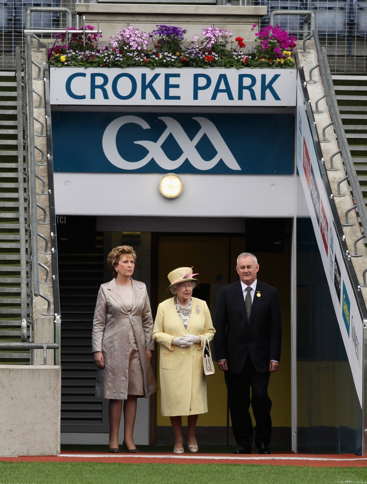 Irish President Mary McAleese, Queen Elizabeth II and Christy Cooney arrive at Croke Park on May 18, 2011 in Dublin, Ireland