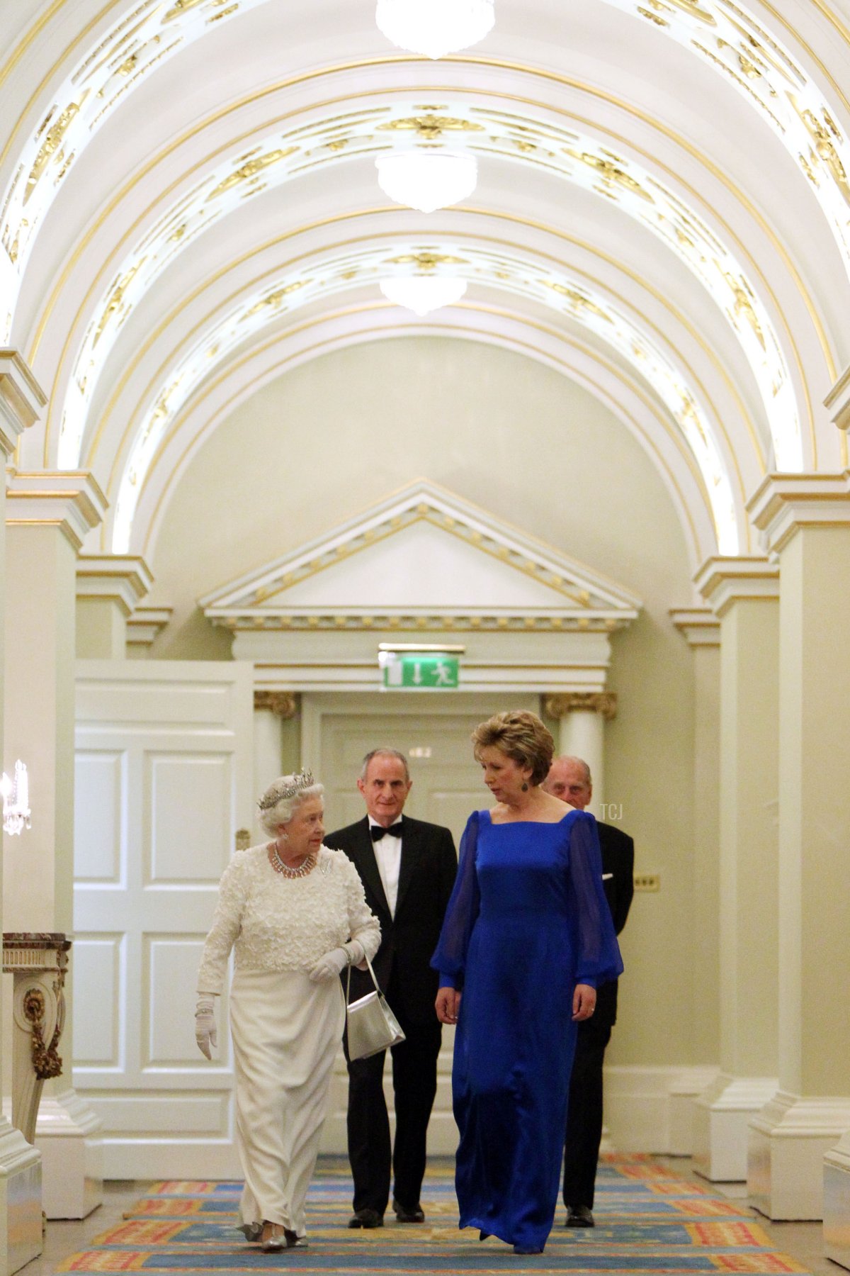 Queen Elizabeth II, Irish President Mary McAleese, Dr. Martin McAleese and Prince Philip, Duke of Edinburgh attend a State Dinner at Dublin Castle, on May 18, 2011 in Dublin, Ireland