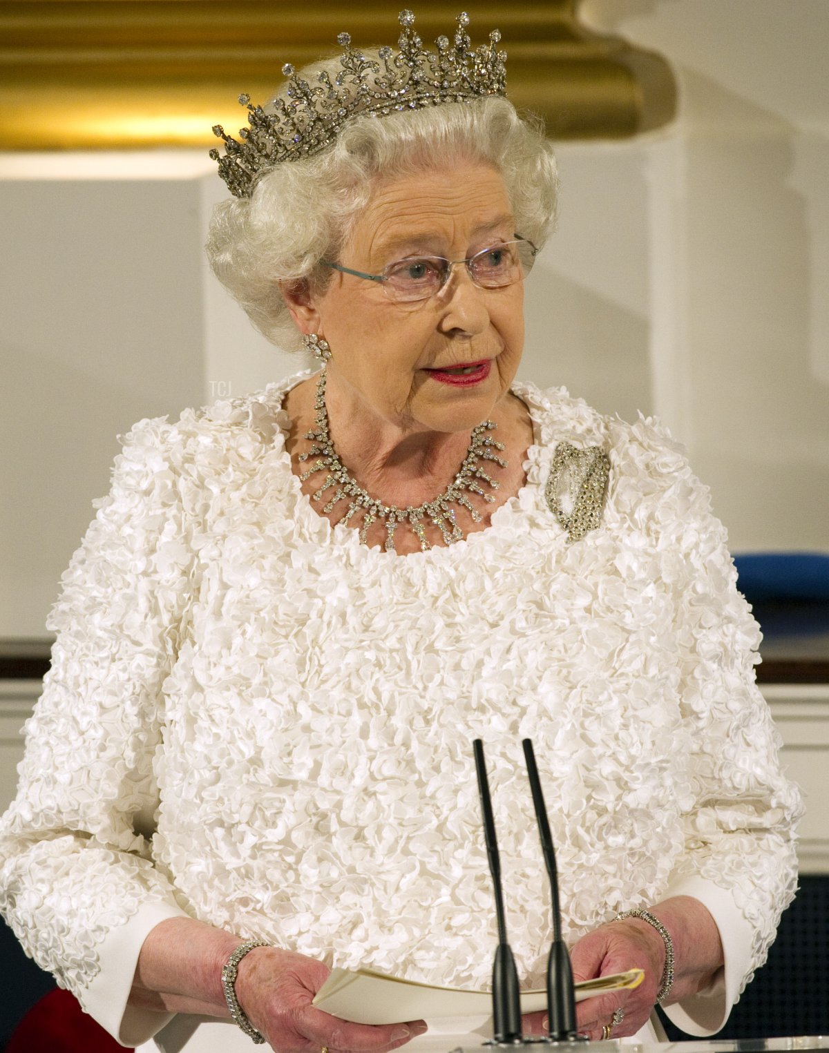 Queen Elizabeth II makes a speech as she attends the State Dinner on the second day of her State Visit, at Dublin Castle, on May 18, 2011 in Dublin, Ireland