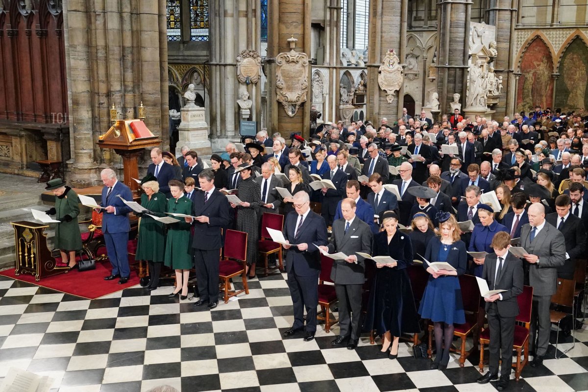 Britain's Queen Elizabeth II (L), and front row (L to R) Britain's Prince Charles, Prince of Wales, Britain's Camilla, Duchess of Cornwall, Britain's Princess Anne, Princess Royal, and Vice Admiral Timothy Laurence, Britain's Prince Andrew, Duke of York, Britain's Prince Edward, Earl of Wessex, Britain's Sophie, Countess of Wessex, Britain's Lady Louise Windsor and Viscount James Mountbatten-Windsor attend a Service of Thanksgiving for Britain's Prince Philip, Duke of Edinburgh, at Westminster Abbey in central London on March 29, 2022