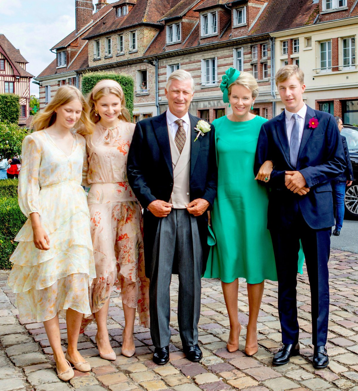 King Filip, Queen Mathilde, Crown Princess Elisabeth, Prince Emmanuel and Princess Eleonore of Belgium arrive at the Eglise Saint-Michel in Pont-l Eveque, on September 03, 2022, to attend the wedding of Count Charles Henri d'Udekem d'Acoz and Caroline Philippe
