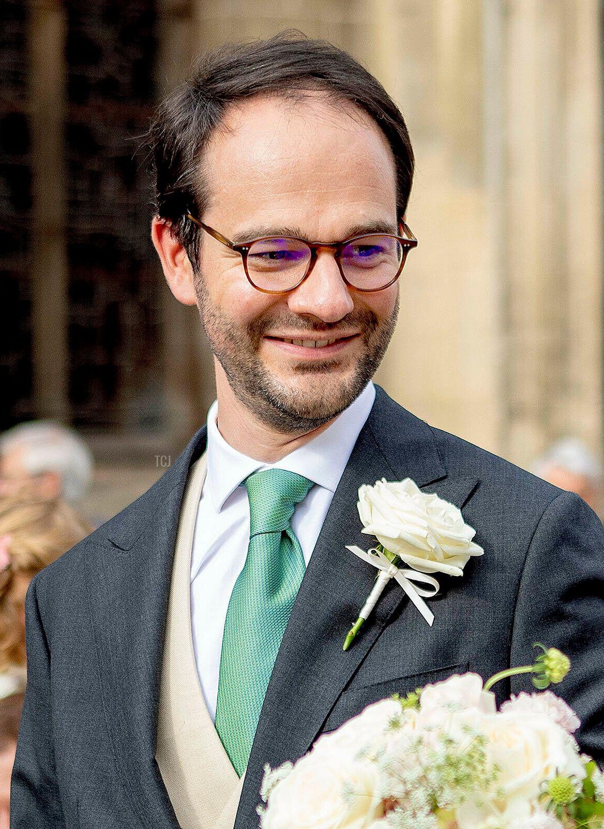 Count Charles Henri d'Udekem d'Acoz and Countess Caroline Philippe leave at the Eglise Saint-Michel in Pont-l Eveque, on September 03, 2022, after their wedding