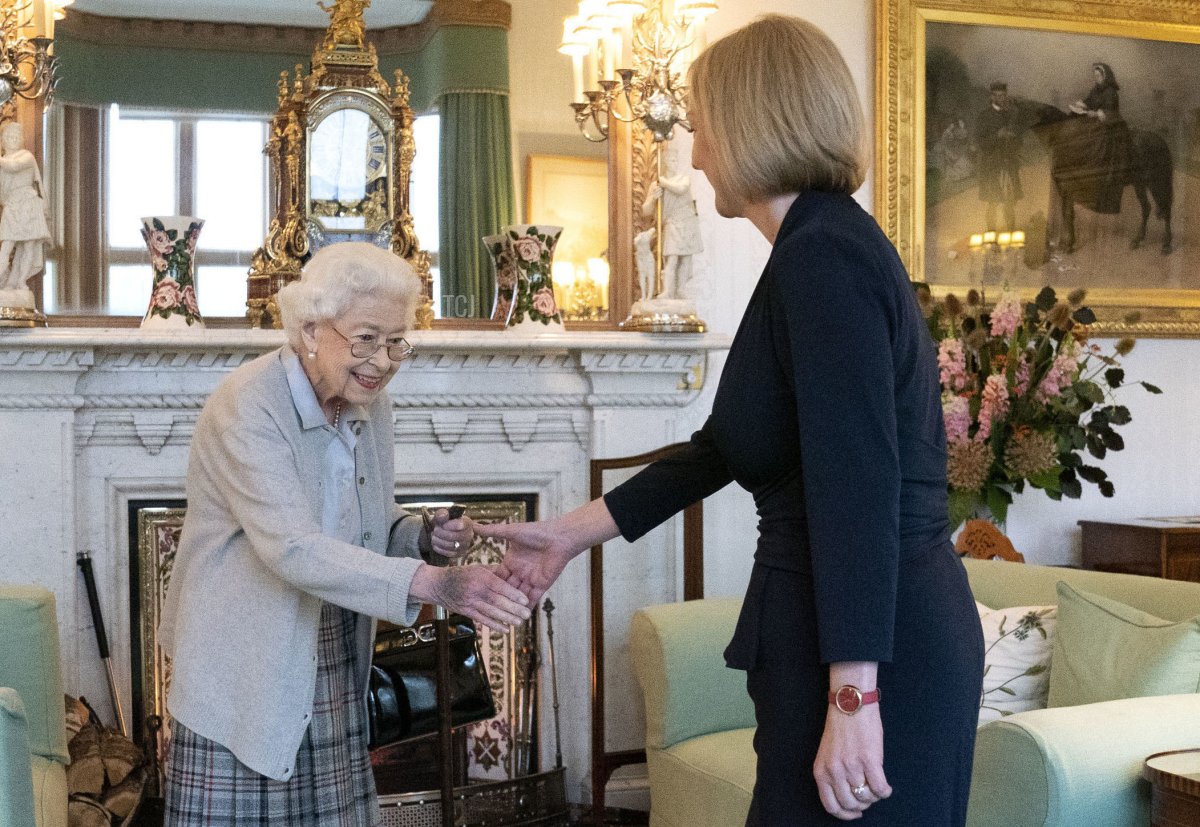 Queen Elizabeth greets newly elected leader of the Conservative party Liz Truss as she arrives at Balmoral Castle for an audience where she will be invited to become Prime Minister and form a new government on September 6, 2022 in Aberdeen, Scotland