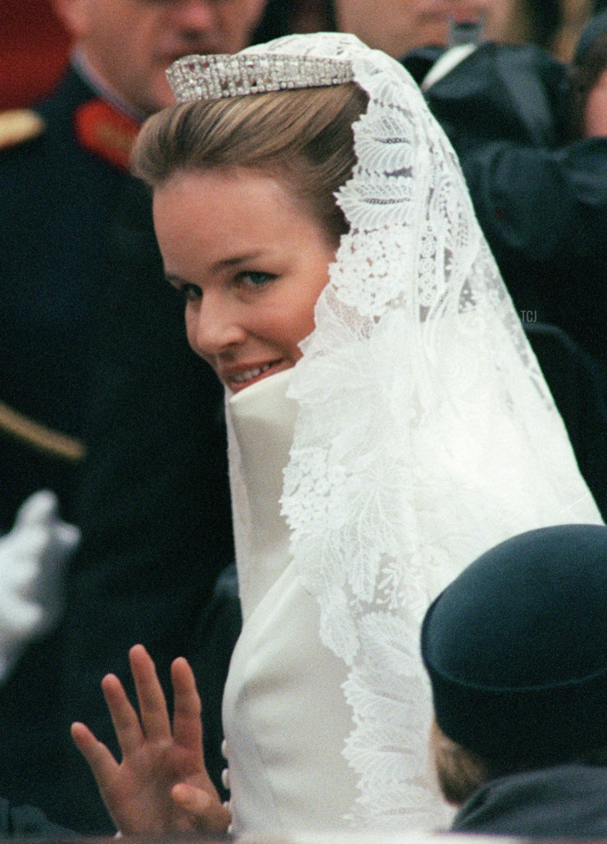 Princess Mathilde arrives at St Michel and Gudule cathedral in Brussels 04 December 1999, before the religious ceremony of her wedding with Crown Prince Philippe of Belgium
