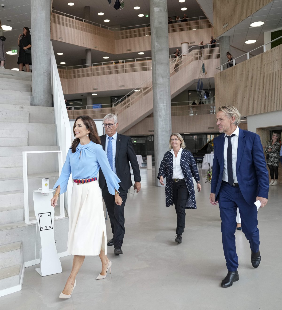 Crown Princess Mary of Denmark visits with headmaster Alexander von Oettingen (R) as she inaugurates UC SYD Campus Kolding on September 6, 2022 in Kolding, Denmark