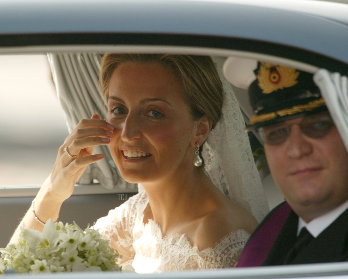 Prince Laurent of Belgium and his bride Claire Coombs arrive at the Brussels Royal Palace April 12, 2003 in Brussels, Belgium