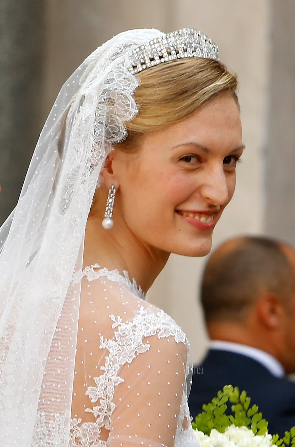 Elisabetta Maria Rosboch von Wolkenstein with her father Ettore Rosboch von Wolkenstein arrives for her wedding to Prince Amedeo of Belgium at Basilica Santa Maria in Trastevere on July 5, 2014 in Rome, Italy