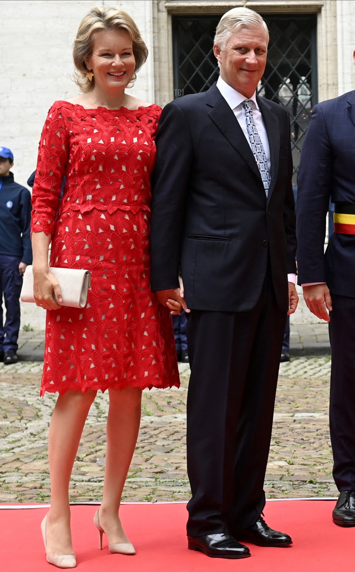 Queen Mathilde of Belgium and King Philippe of Belgium arrive at the City Hall for the official wedding of Princess Maria-Laura of Belgium and William Isvy in Brussels on September 10, 2022
