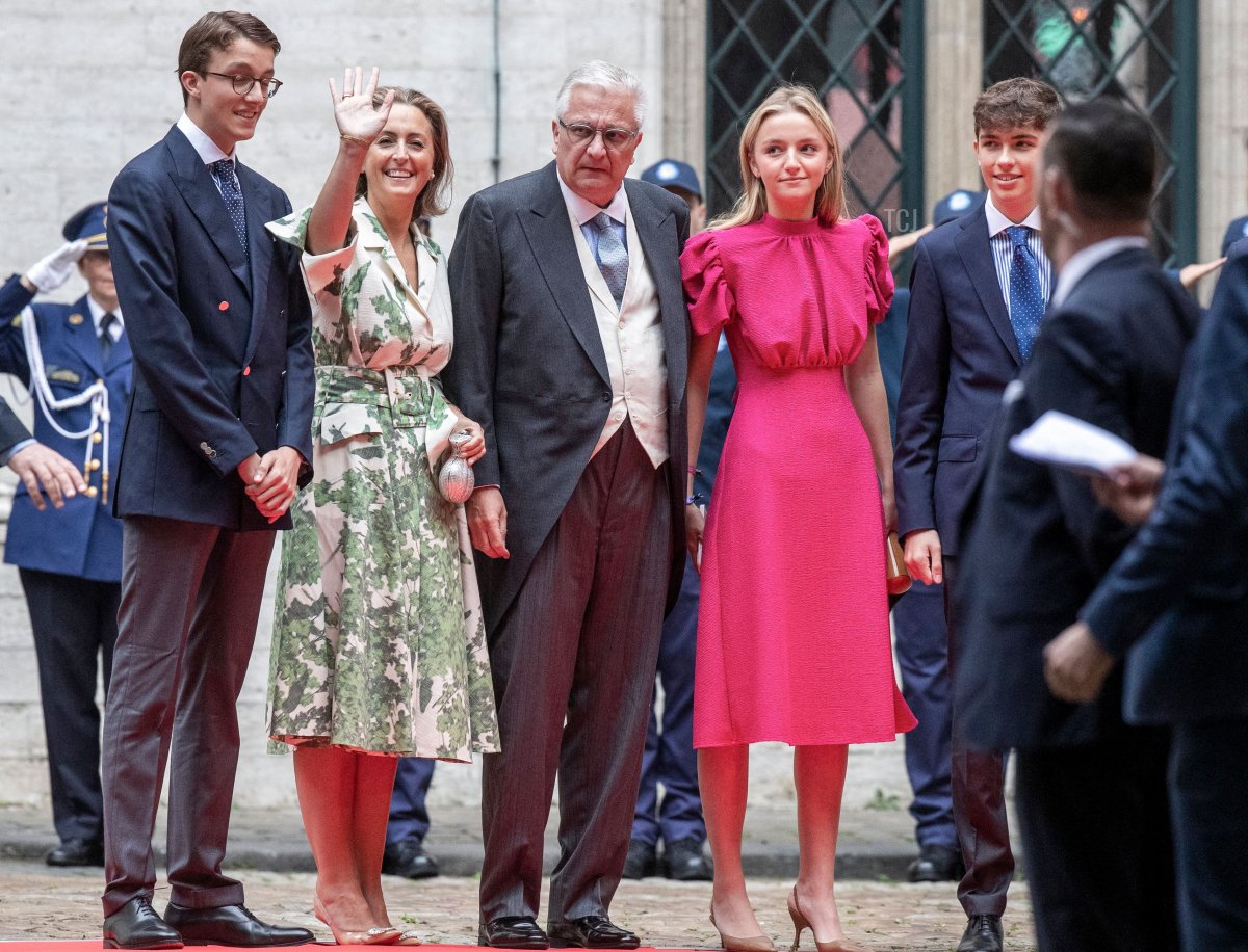Prince Nicolas of Belgium, Princess Claire of Belgium, Prince Laurent of Belgium, Princess Louise of Belgium and Prince Aymeric of Belgium arrive at the Brussels City Hall for the official wedding of Princess Maria-Laura of Belgium and William Isvy in Brussels on September 10, 2022