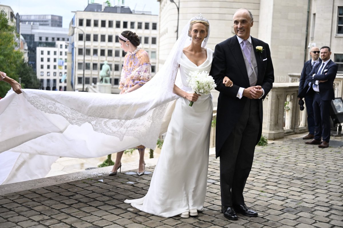 Princess Maria Laura and her father Prince Lorenz of Belgium pictured arriving for the wedding ceremony of Princess Maria-Laura of Belgium and William Isvy, at the Saint Michael and Saint Gudula Cathedral (Cathedrale des Saints Michel et Gudule / Sint-Michiels- en Sint-Goedele kathedraal), Saturday 10 September 2022, in Brussels