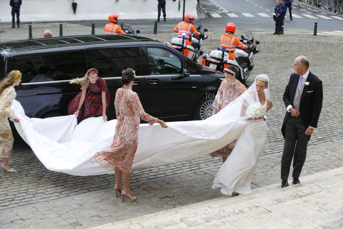 Princess Maria Laura and her father Prince Lorenz of Belgium pictured arriving for the wedding ceremony of Princess Maria-Laura of Belgium and William Isvy, at the Saint Michael and Saint Gudula Cathedral (Cathedrale des Saints Michel et Gudule / Sint-Michiels- en Sint-Goedele kathedraal), Saturday 10 September 2022, in Brussels