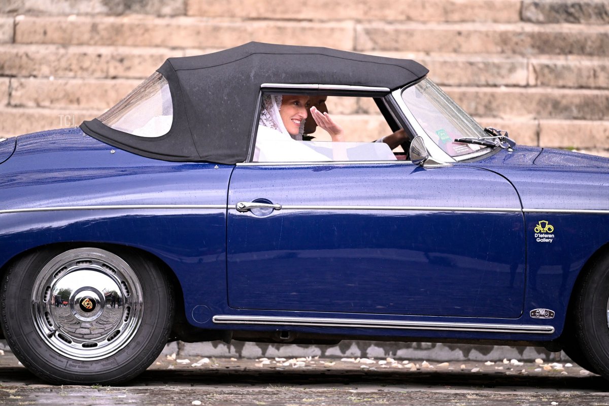 Princess Maria Laura and William Isvy pictured leaving in a car after the wedding ceremony of Princess Maria-Laura of Belgium and William Isvy, at the Saint Michael and Saint Gudula Cathedral (Cathedrale des Saints Michel et Gudule / Sint-Michiels- en Sint-Goedele kathedraal), Saturday 10 September 2022, in Brussels