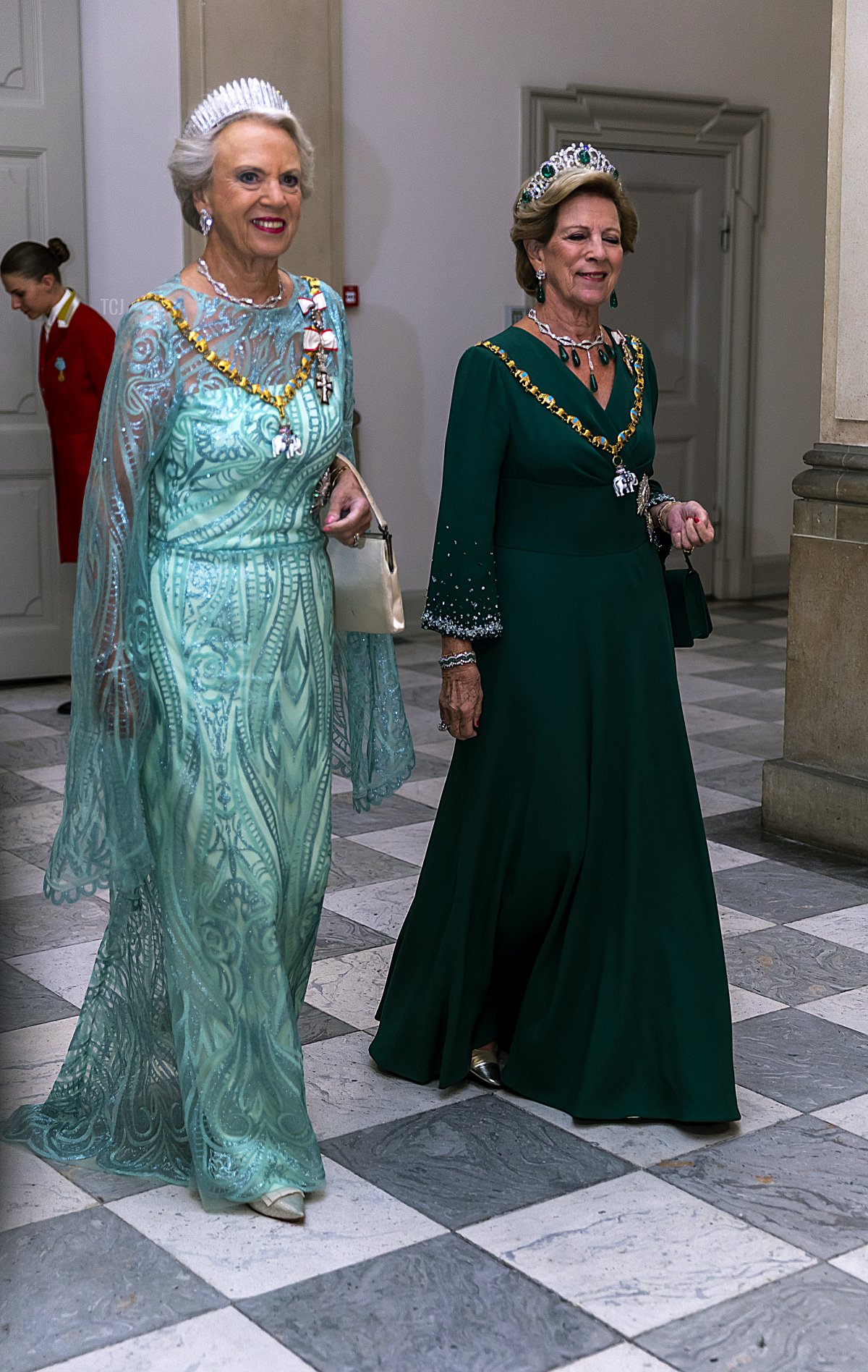 Princess Benedikte of Denmark (L) and Queen Anne-Marie of Greece arrive at the gala banquet at Christiansborg Palace Sunday September 11, 2022