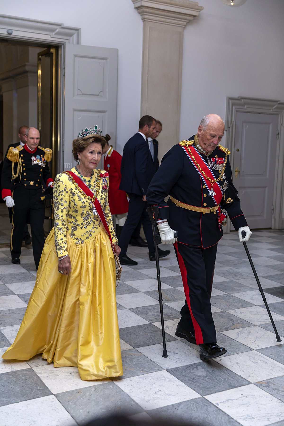 King Harald of Norway and Queen Sonja arrive to Christiansborg Castle where they attend a Gala dinner on the occasion of the 50 years anniversary of The Danish Queen Margrethes accession to the throne on September 11, 2022 in Copenhagen, Denmark