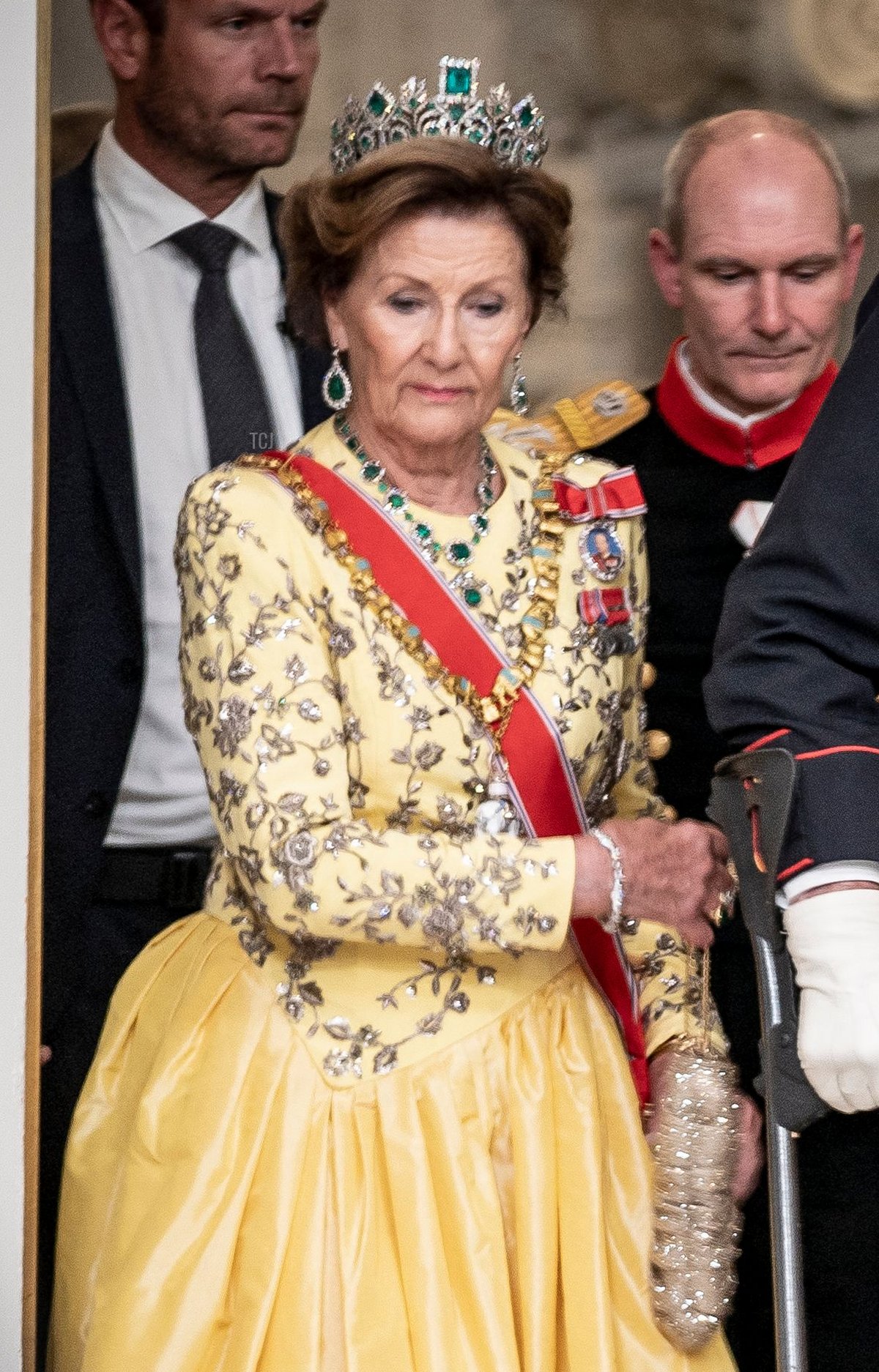 King Harald V and Queen Sonja of Norway arrive at the gala banquet at Christiansborg Palace on September 11, 2022, during celebrations to mark the 50th anniversary of the Queen of Denmark's accession to the throne