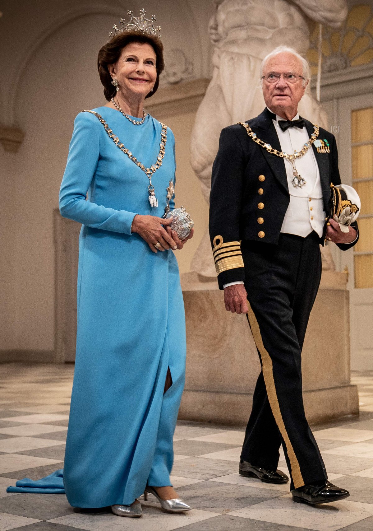 King Carl Gustav XVI and Queen Silvia of Sweden arrive at the gala banquet at Christiansborg Palace on September 11, 2022, during celebrations to mark the 50th anniversary of the Queen of Denmark's accession to the throne