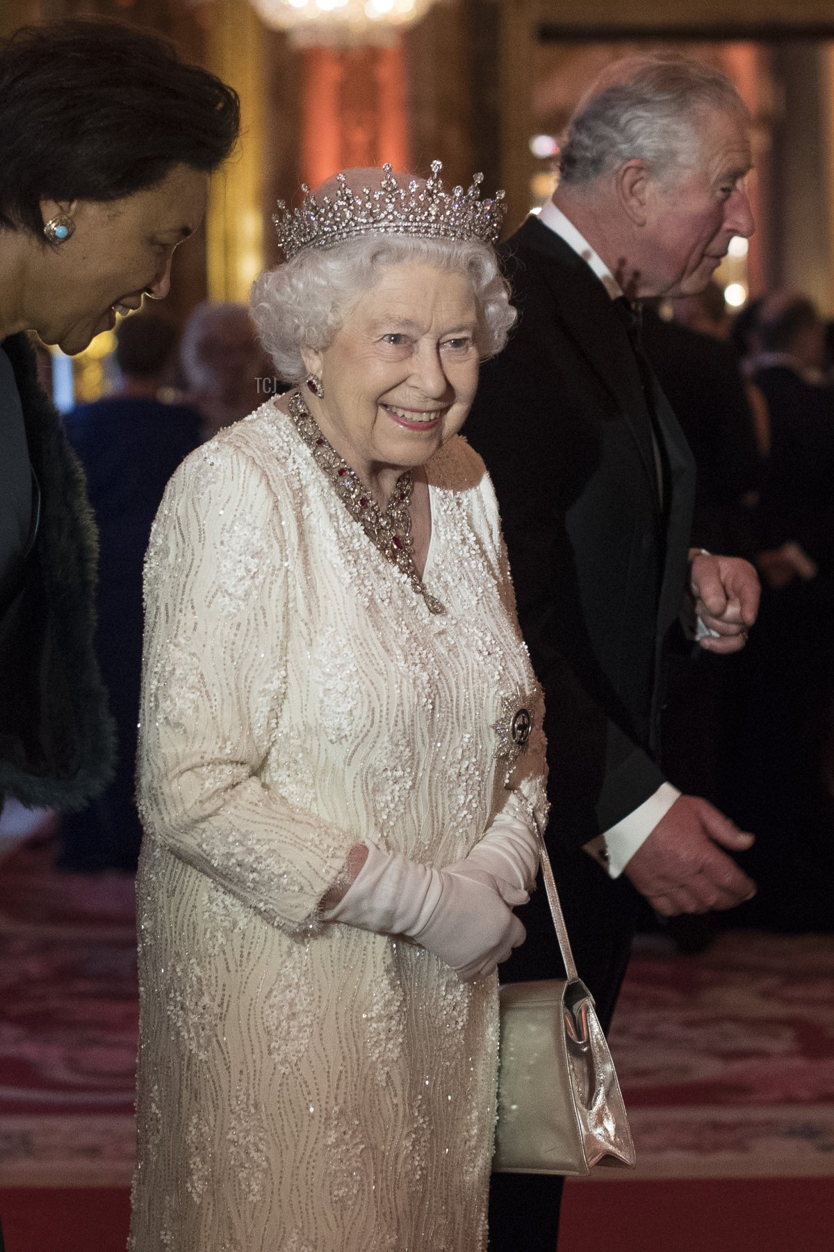 Queen Elizabeth II greets guests in the Blue Drawing Room in the Blue Drawing Room at The Queen's Dinner during the Commonwealth Heads of Government Meeting (CHOGM) at Buckingham Palace on April 19, 2018 in London, England