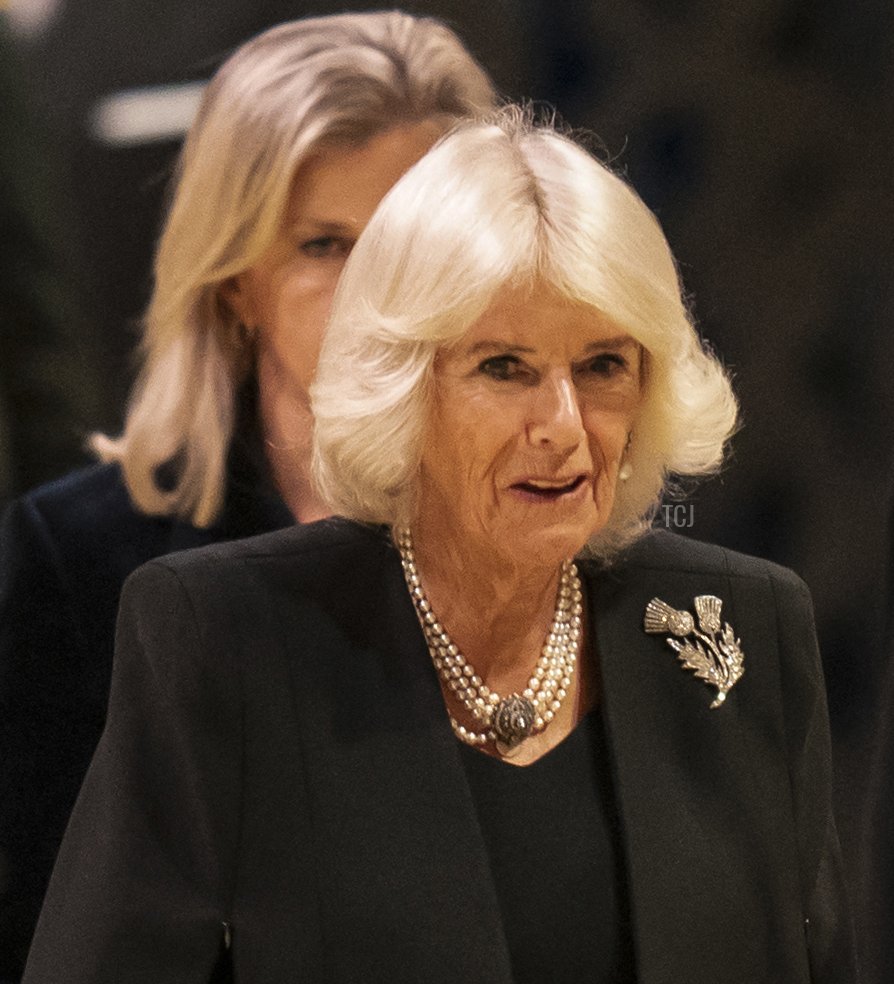 Britain's Camilla, Queen Consort arrives to attend a Vigil at St Giles' Cathedral, in Edinburgh, on September 12, 2022, following the death of Queen Elizabeth II on September 8