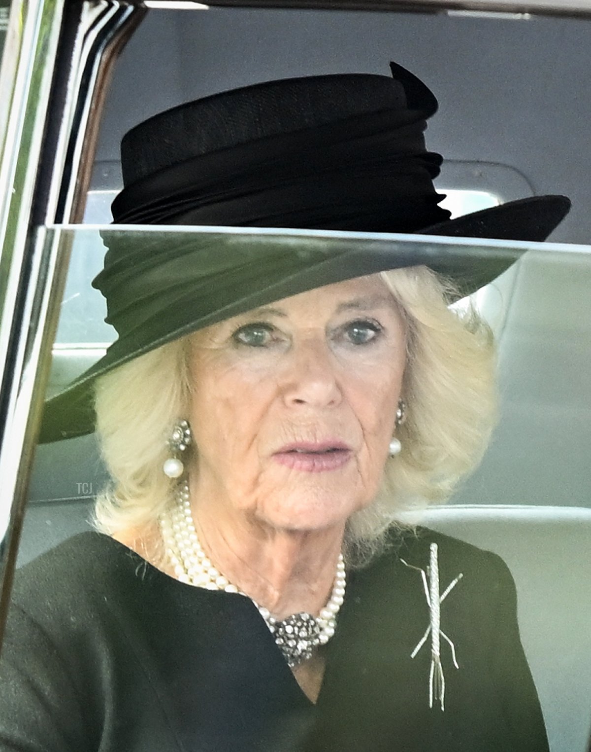 Camilla, Queen Consort and Catherine, Princess of Wales arrive for a service for the reception of Queen Elizabeth II's coffin at Westminster Hall on September 14, 2022 in London, United Kingdom
