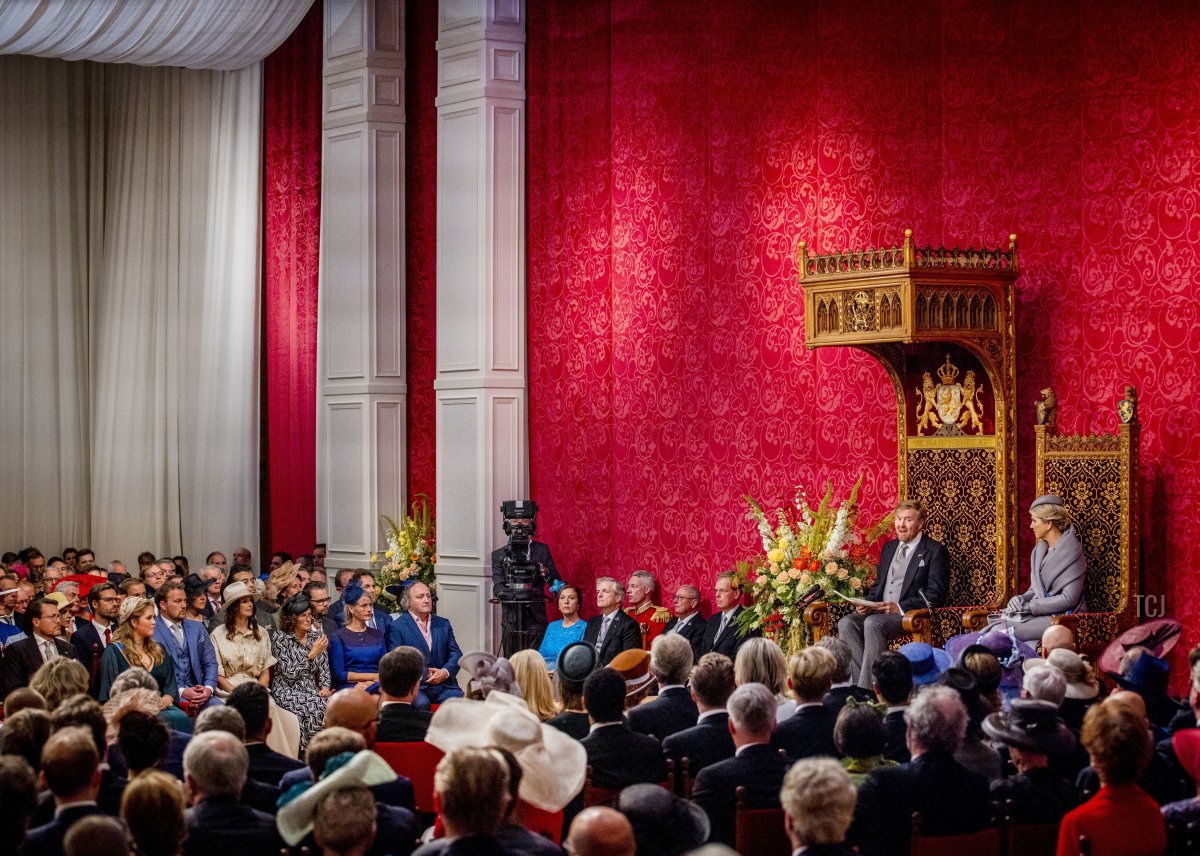 Netherlands' King Willem-Alexander (2nd-R) delivers his Speech as Queen Maxima sits next to him during the Prince Day ceremony at the Royal Theater, known as Koninklijke Schouwburg, in The Hague on September 20, 2022
