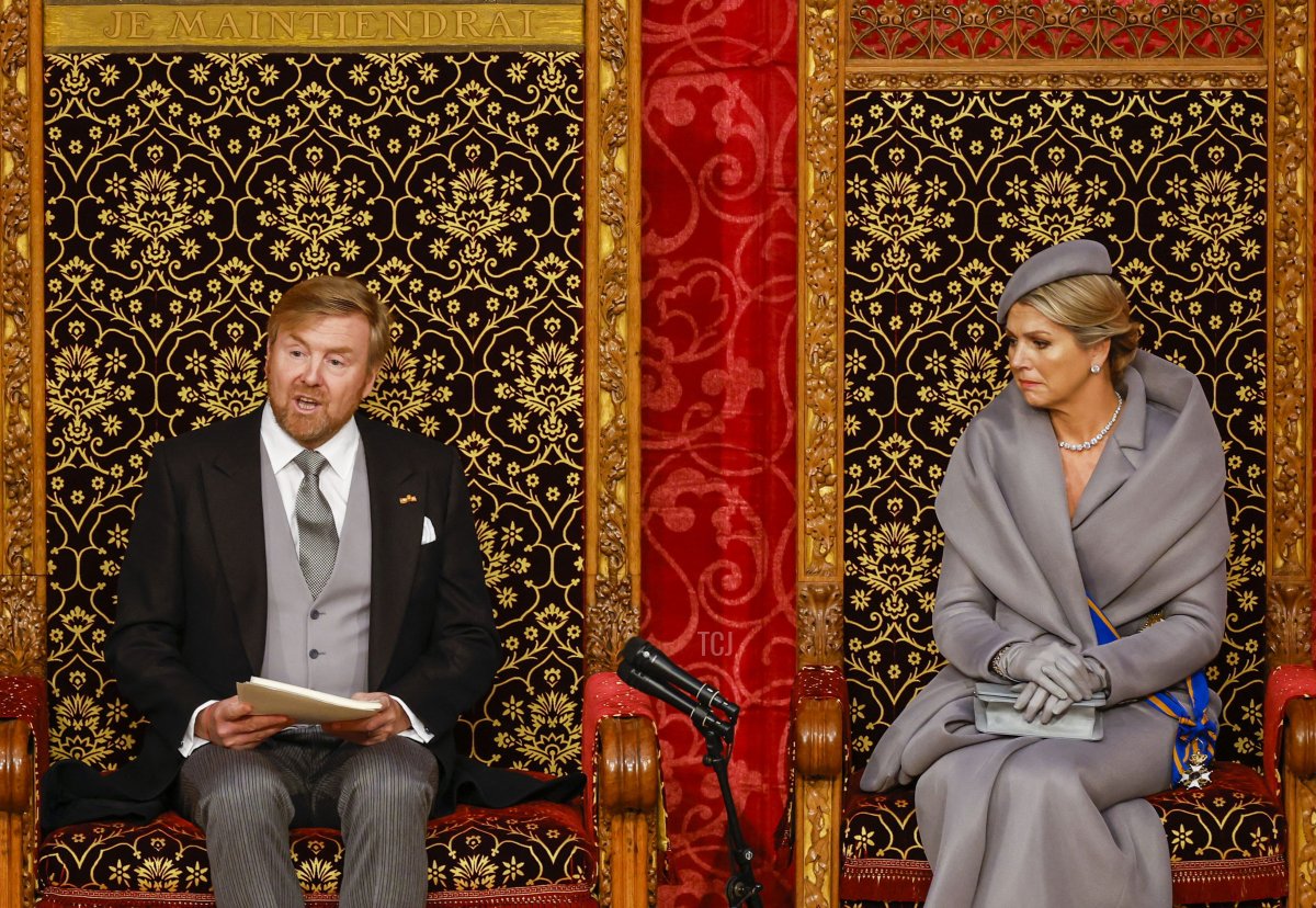 Netherlands' King Willem-Alexander (L) delivers his Speech as Queen Maxima sits next to him during the Prince Day ceremony at the Royal Theater, known as Koninklijke Schouwburg, in The Hague on September 20, 2022