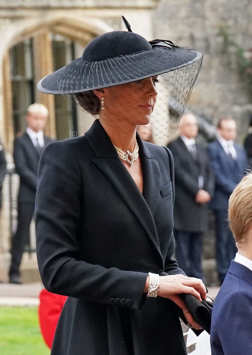 The Princess of Wales and Prince George arrive at the Committal Service for Queen Elizabeth II held at St George's Chapel in Windsor Castle on September 19, 2022 in Windsor, England