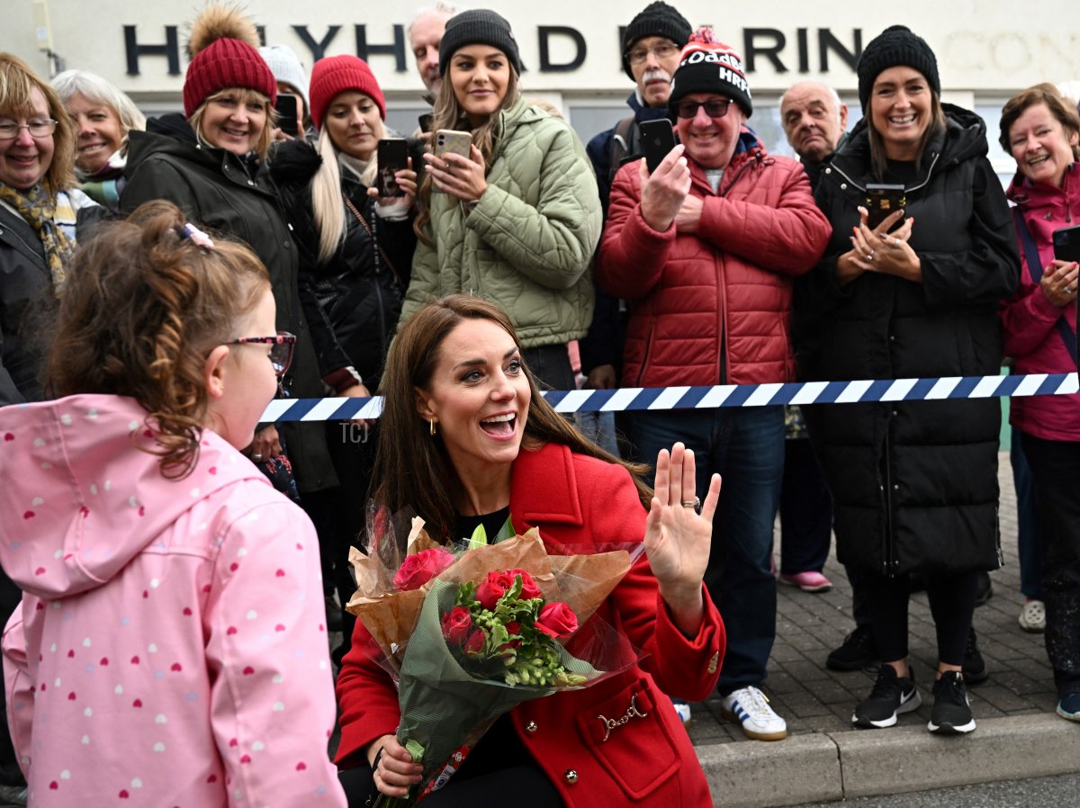 Britain's Catherine, Princess of Wales meets with members of the public following a visit the RNLI (Royal National Lifeboat Institution) Holyhead Lifeboat Station in Anglesey, north west Wales on September 27, 2022