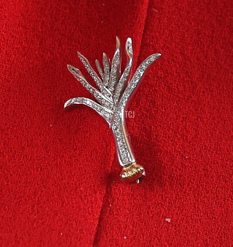 A detailed view of the broach worn by Camilla, Duchess of Cornwall at the opening ceremony of the sixth session of the Senedd at The Senedd on October 14, 2021 in Cardiff, Wales