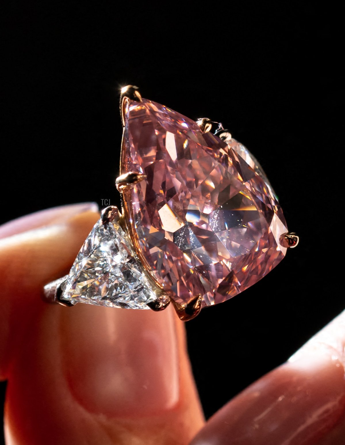 A picture taken in Geneva on September 23, 2022 shows the Fortune Pink, an exceptionally rare giant gemstone, that is expected to bring in up to $35 million when it will comes up for sale in Geneva on November 8, 2022 by Christie's auction house