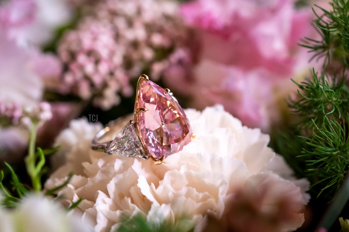 A picture taken in Geneva on September 23, 2022 shows the Fortune Pink, an exceptionally rare giant gemstone, that is expected to bring in up to $35 million when it will comes up for sale in Geneva on November 8, 2022 by Christie's auction house