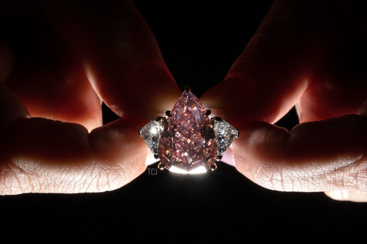 A picture taken in Geneva on September 23, 2022 shows the Fortune Pink, an exceptionally rare giant gemstone, that is expected to bring in up to $35 million when it will comes up for sale in Geneva on November 8, 2022 by Christie's auction house