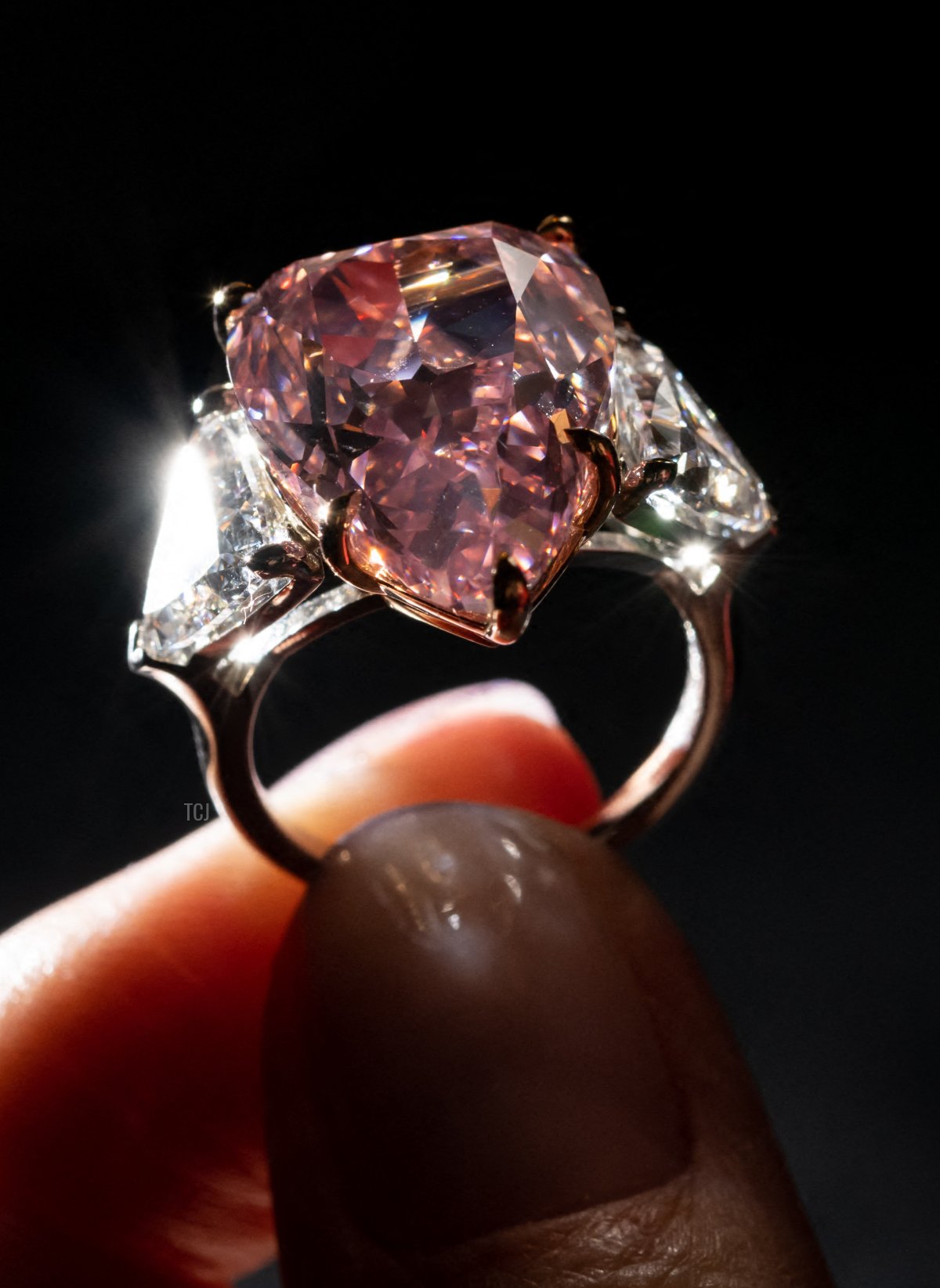 A picture taken in Geneva on September 23, 2022 shows the Fortune Pink, an exceptionally rare giant gemstone, that is expected to bring in up to $35 million when it will comes up for sale in Geneva on November 8, 2022 by Christie's auction house