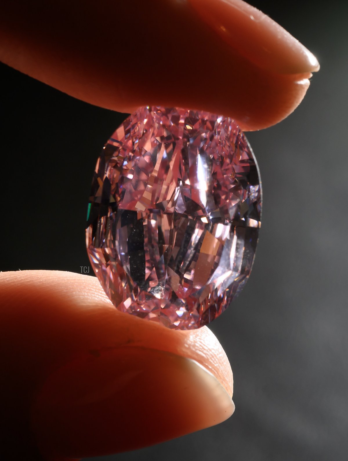 A picture taken on November 6, 2020 in Geneva shows the The Spirit of the Rose a rare 14.83 carats vivid purple pink diamond during a press preview ahead of sales by Sotheby's auction house