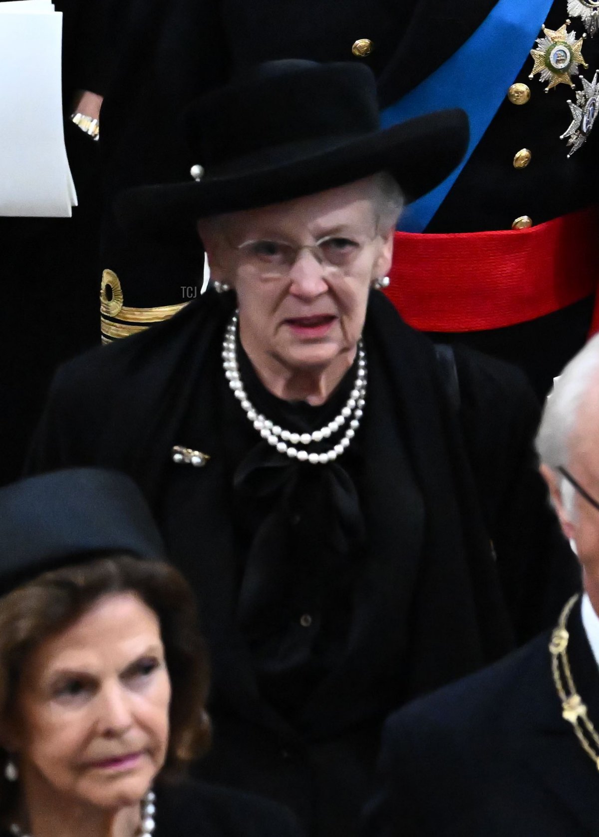 Sweden's Queen Silvia (lower left), Sweden's King Carl Gustav XVI (lower right) Denmark's Queen Margrethe II (C), Spain's King Felipe VI (centre right), Spain's Queen Letizia (centre left), Queen Mathilde of Belgium top centre) and King Philippe of Belgium (top right) attend the State Funeral Service for Britain's Queen Elizabeth II, at Westminster Abbey on September 19, 2022 in London, England