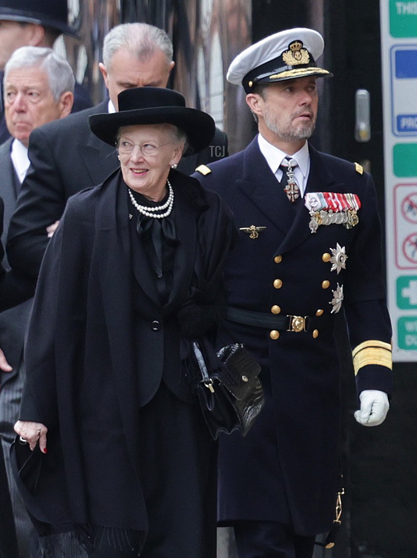 Princess Catherine of Serbia, Margareta of Romania, Queen Margrethe II of Denmark and Crown Prince Frederik of Denmark arrive at Westminster Abbey for the State Funeral of Queen Elizabeth II on September 19, 2022 in London, England