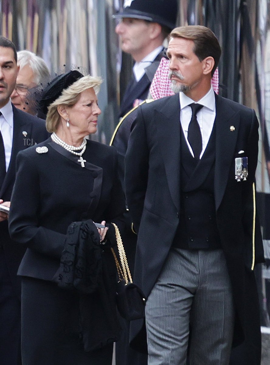 Queen Anne-Marie of Greece, Pavlos, Crown Prince of Greece, Charlene, Princess of Monaco and Albert II Prince of Monaco arrive at Westminster Abbey for the State Funeral of Queen Elizabeth II on September 19, 2022 in London, England