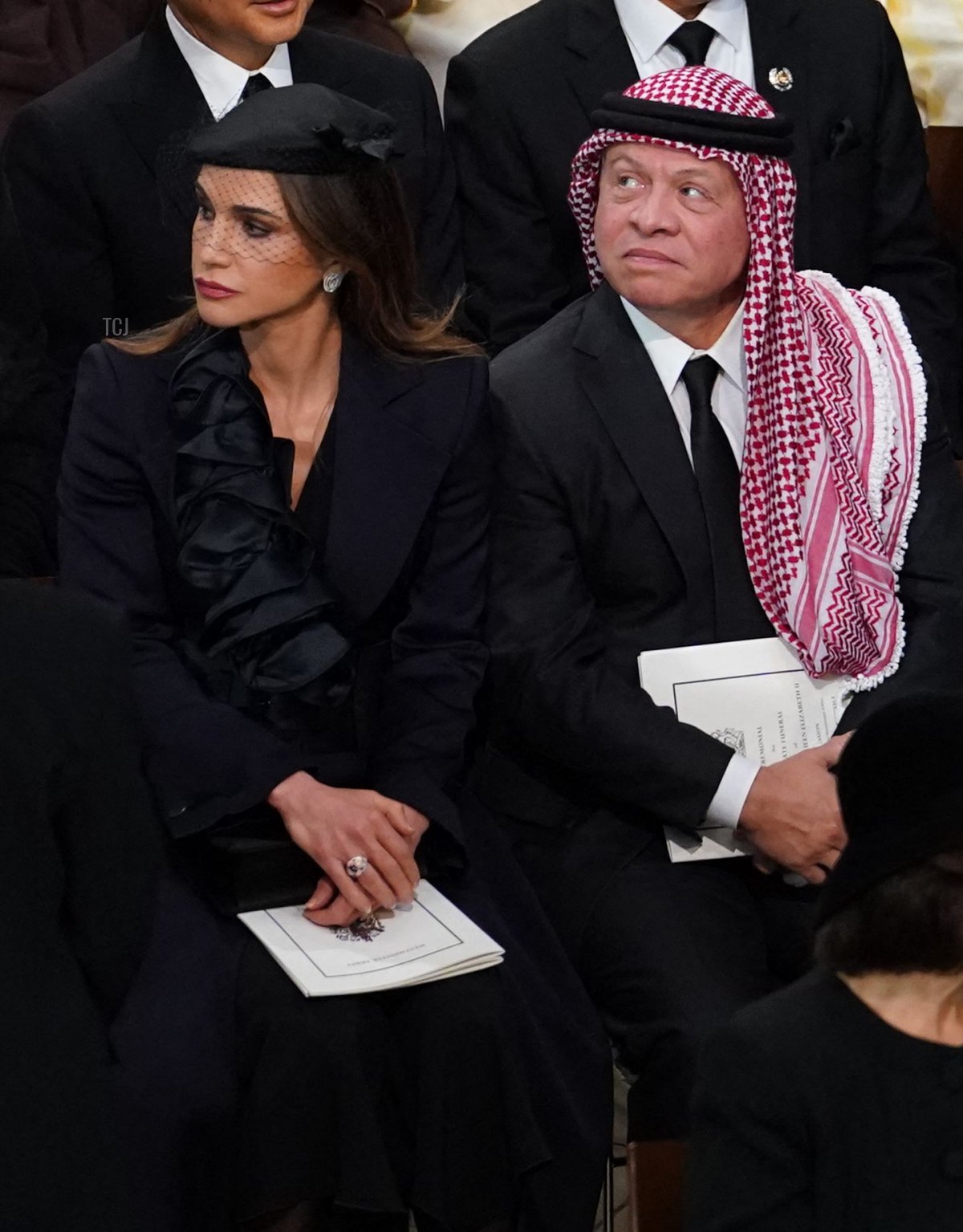 King Abdullah II and Queen Rania Al-Abdullah of Jordan attend the State Funeral Service for Britain's Queen Elizabeth II, at Westminster Abbey in London on September 19, 2022