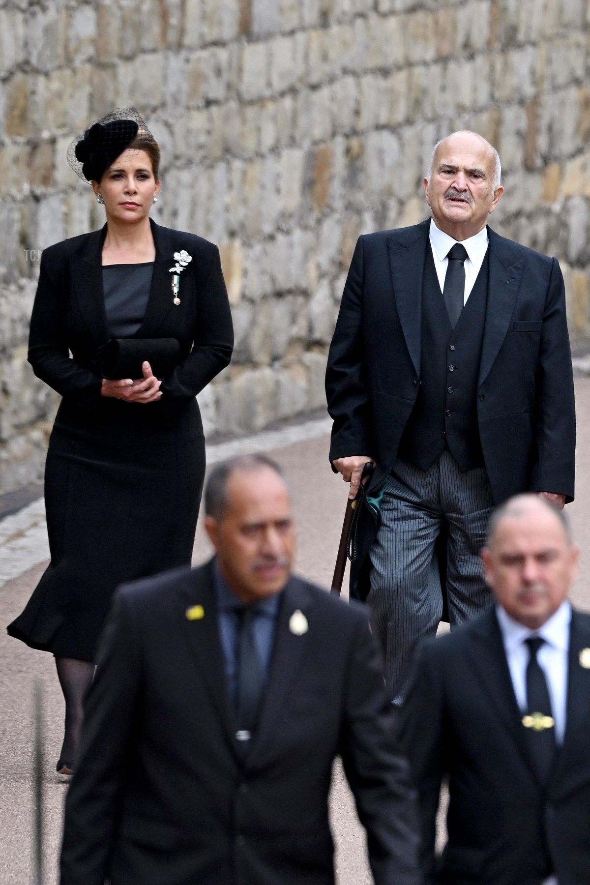 Princess Haya bint Hussein and guest arrive at Windsor Castle for The Committal Service for Queen Elizabeth II on September 19, 2022 in Windsor, England
