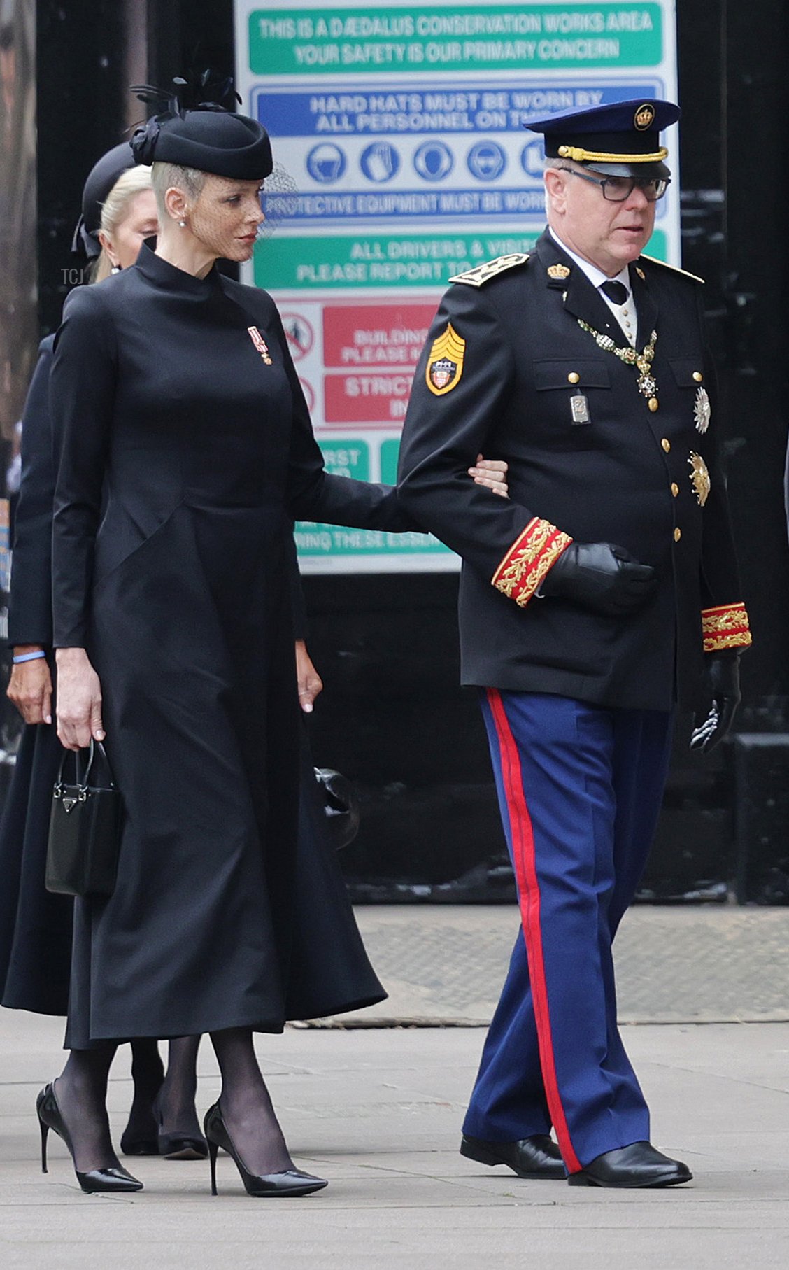 Queen Anne-Marie of Greece, Pavlos, Crown Prince of Greece, Charlene, Princess of Monaco and Albert II Prince of Monaco arrive at Westminster Abbey for the State Funeral of Queen Elizabeth II on September 19, 2022 in London, England
