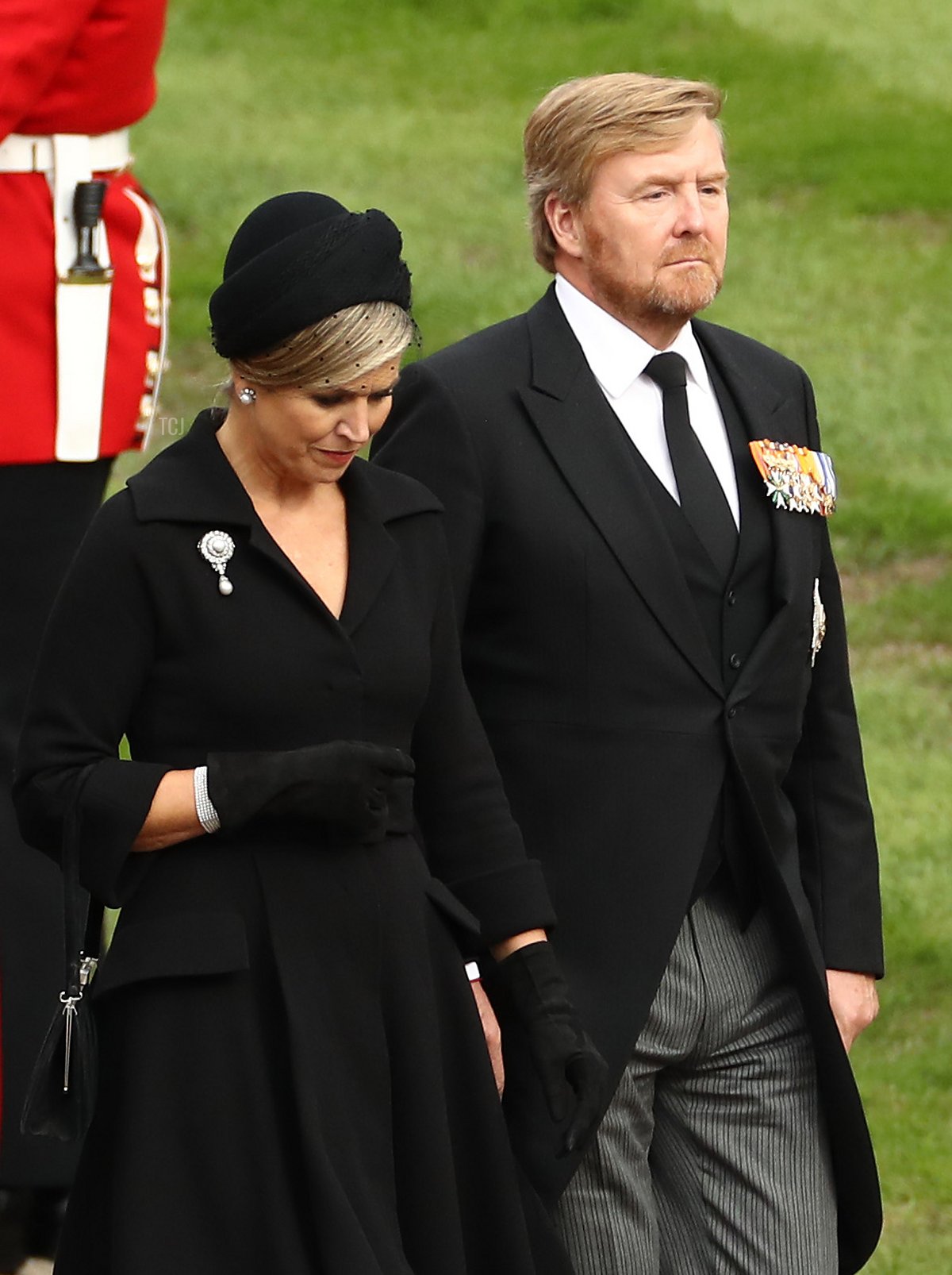 Beatrix of the Netherlands, King Willem-Alexander of the Netherlands and Queen Maxima of the Netherlands arrive at Windsor Castle for The Committal Service For Her Majesty Queen Elizabeth II at Windsor Castle on September 19, 2022 in Windsor, England