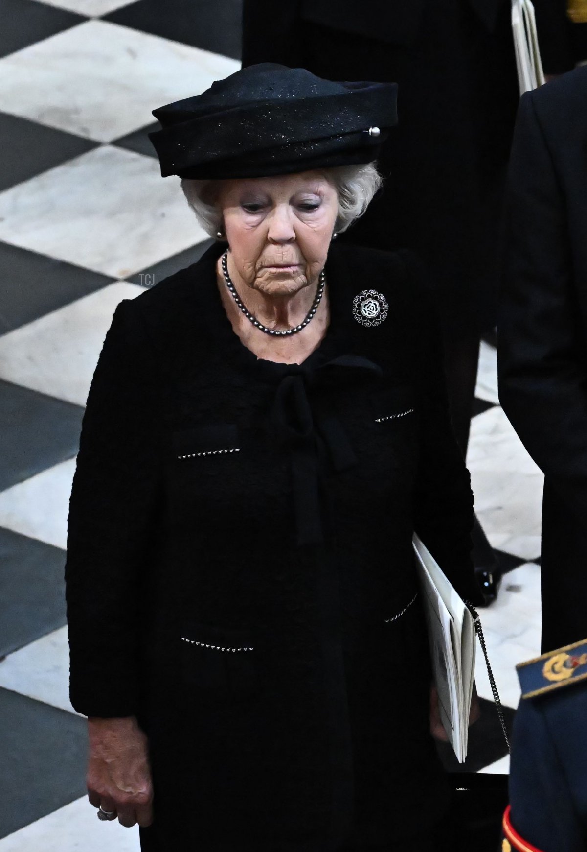 Netherlands' Princess Beatrix (L), King Willem-Alexander of the Netherlands (C) and Queen Maxima of the Netherlands (R) leave Westminster Abbey on September 19, 2022 in London, England