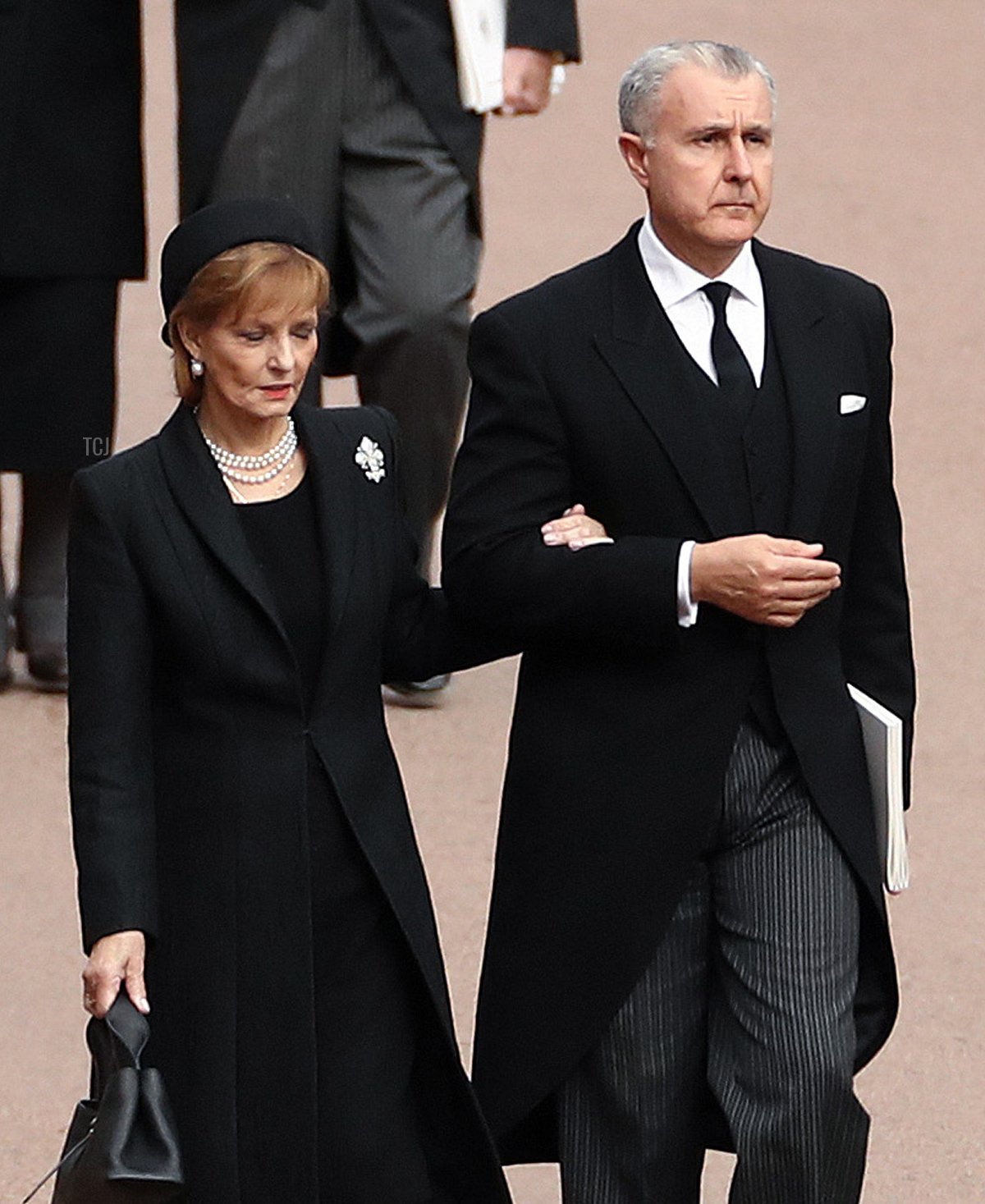 Margareta of Romania, Prince Radu of Romania, former Prime Minister Tony Blair and Cherie Blair arrive at Windsor Castle for The Committal Service For Her Majesty Queen Elizabeth II at Windsor Castle on September 19, 2022 in Windsor, England