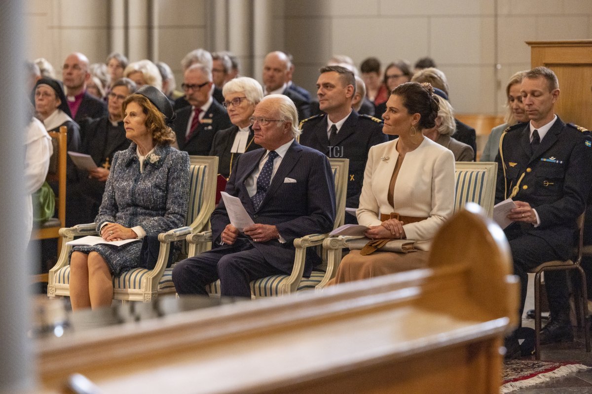 King Carl XVI Gustaf, Queen Silvia, and Crown Princess Victoria of Sweden attend a church ceremony at the Uppsala Cathedral in connection with the start of the annual meetings of the Swedish Church on October 4, 2022 in Uppsala, Sweden