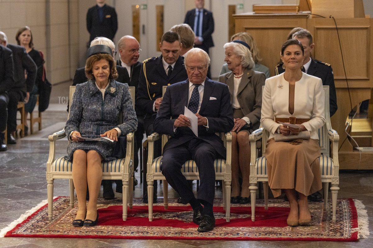 Queen Silvia, King Carl XVI Gustaf and Crown Princess Victoria of Sweden attend a church ceremony at the Uppsala Cathedral in connection with the start of the annual meetings of the Swedish Church on October 4, 2022 in Uppsala, Sweden
