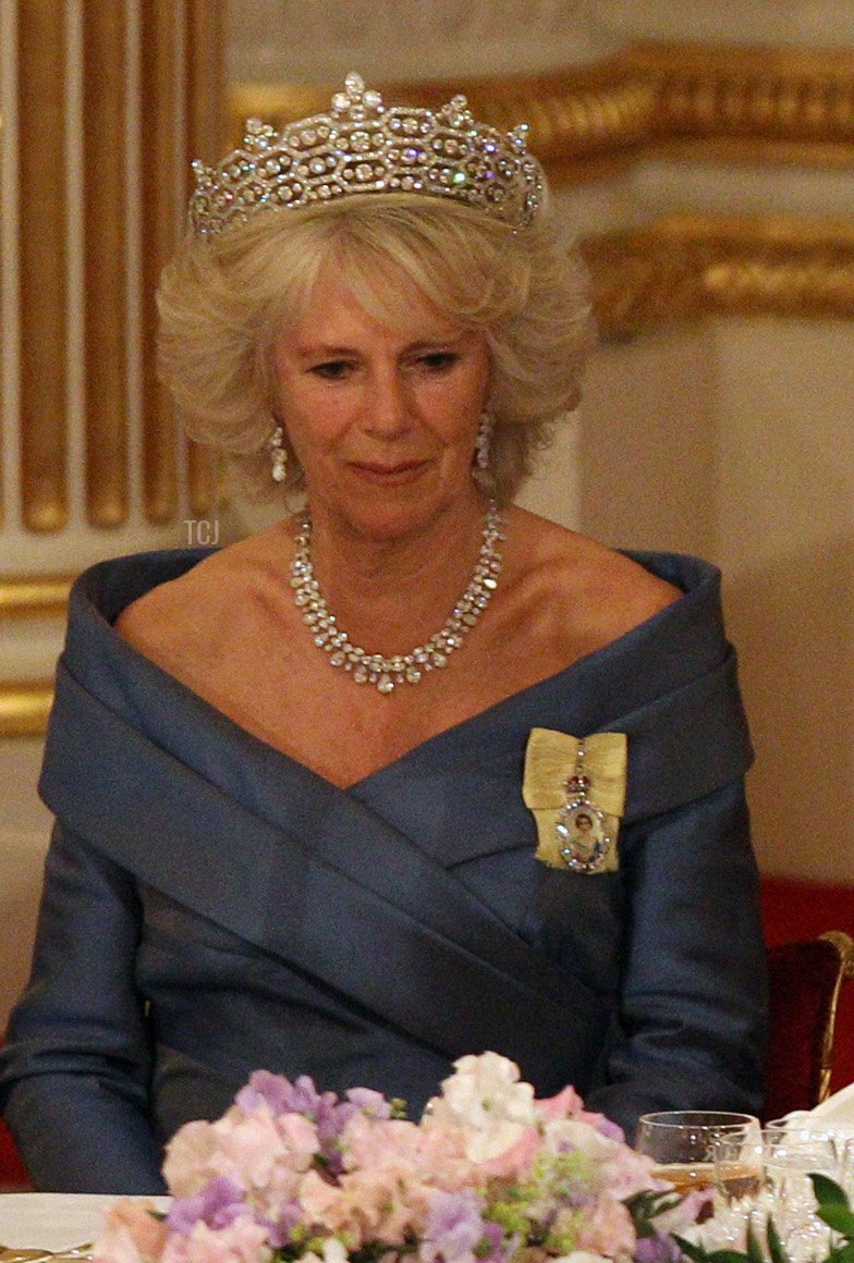 Camilla, Duchess of Cornwall, U.S. President Barack Obama, Queen Elizabeth II and Prince Philip, Duke of Edinburgh during a State Banquet in Buckingham Palace on May 24, 2011 in London, England
