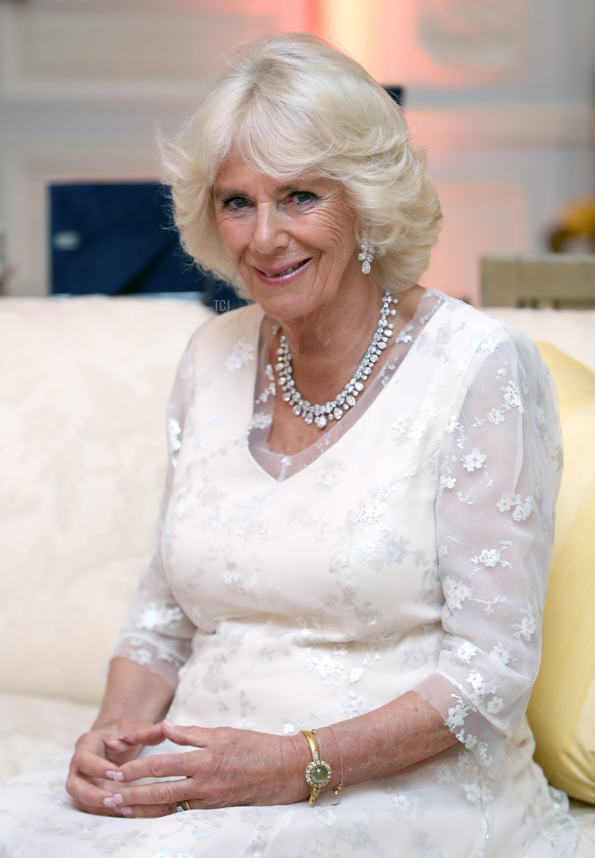 Camilla, Duchess of Cornwall smiles as she attends a dinner hosted by US President Donald Trump and First Lady Melania Trump at Winfield House, during their state visit on June 04, 2019 in London, England