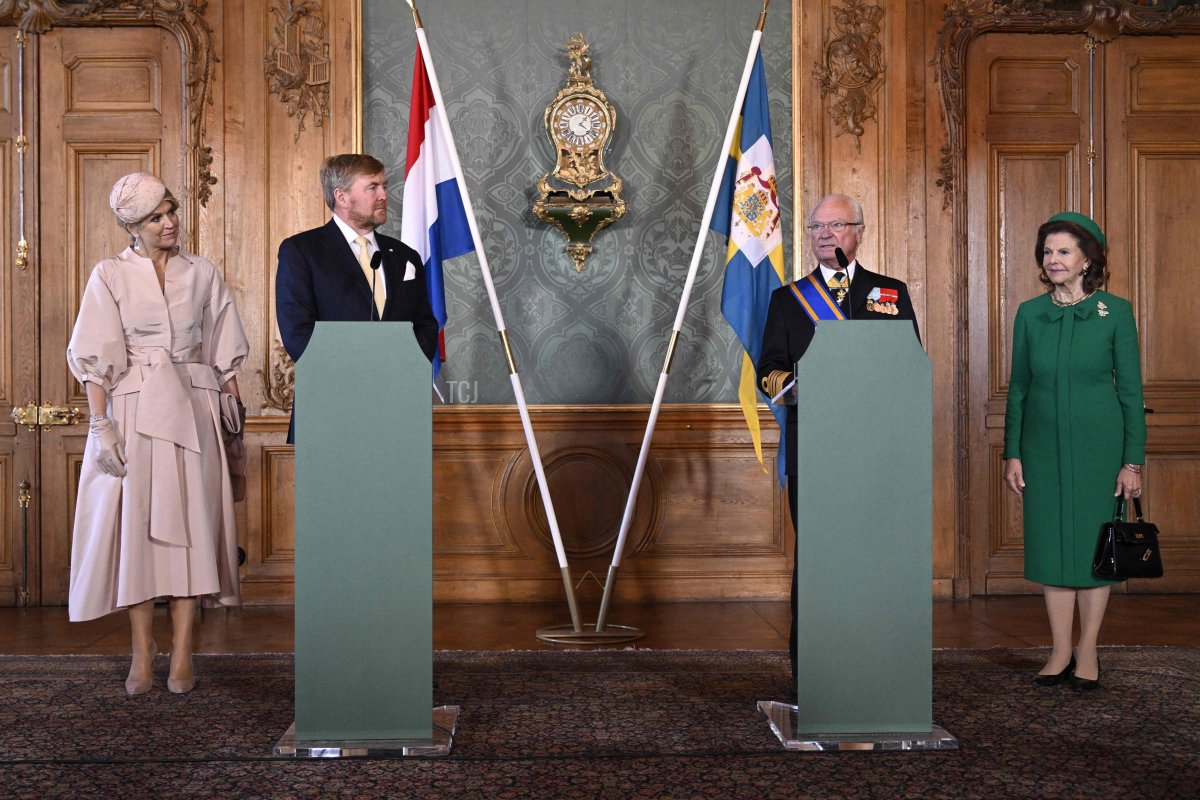 Queen Maxima of the Netherlands, King Willem-Alexander of the Netherlands, King Carl Gustaf of Sweden and Queen Silvia of Sweden attend a press conference at the Royal Palace in Stockholm, on October 11, 2022