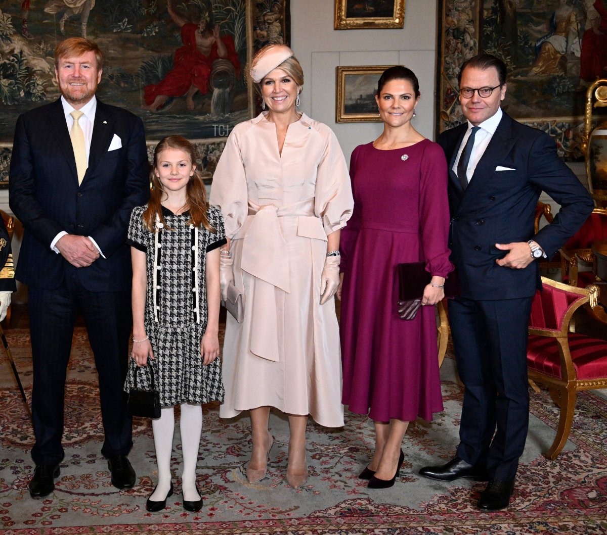 King Willem-Alexander of the Netherlands, Princess Estelle of Sweden, Queen Maxima of the Netherlands, Crown Princess Victoria of Sweden and Prince Daniel pose for a group photo at the Royal Palace in Stockholm, on October 11, 2022